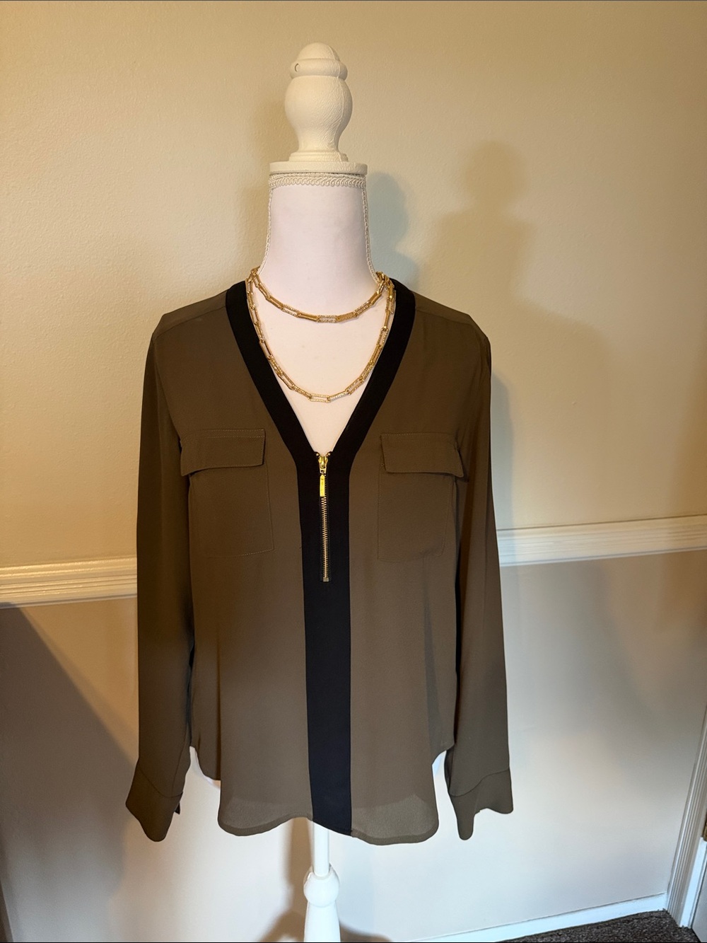 Express Olive Green Long Sleeve Blouse with Black V-Trim and Gold Zip